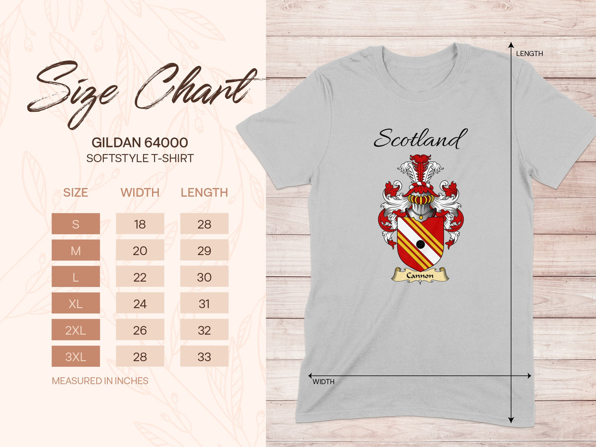 Gildan 64000 size chart for the Cannon unisex T-shirt, sizes S to 3XL