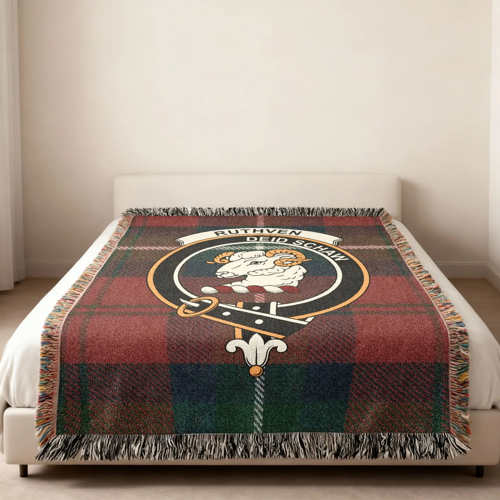 Ruthven deid schaw crest woven blanket — folded, showing tartan detail