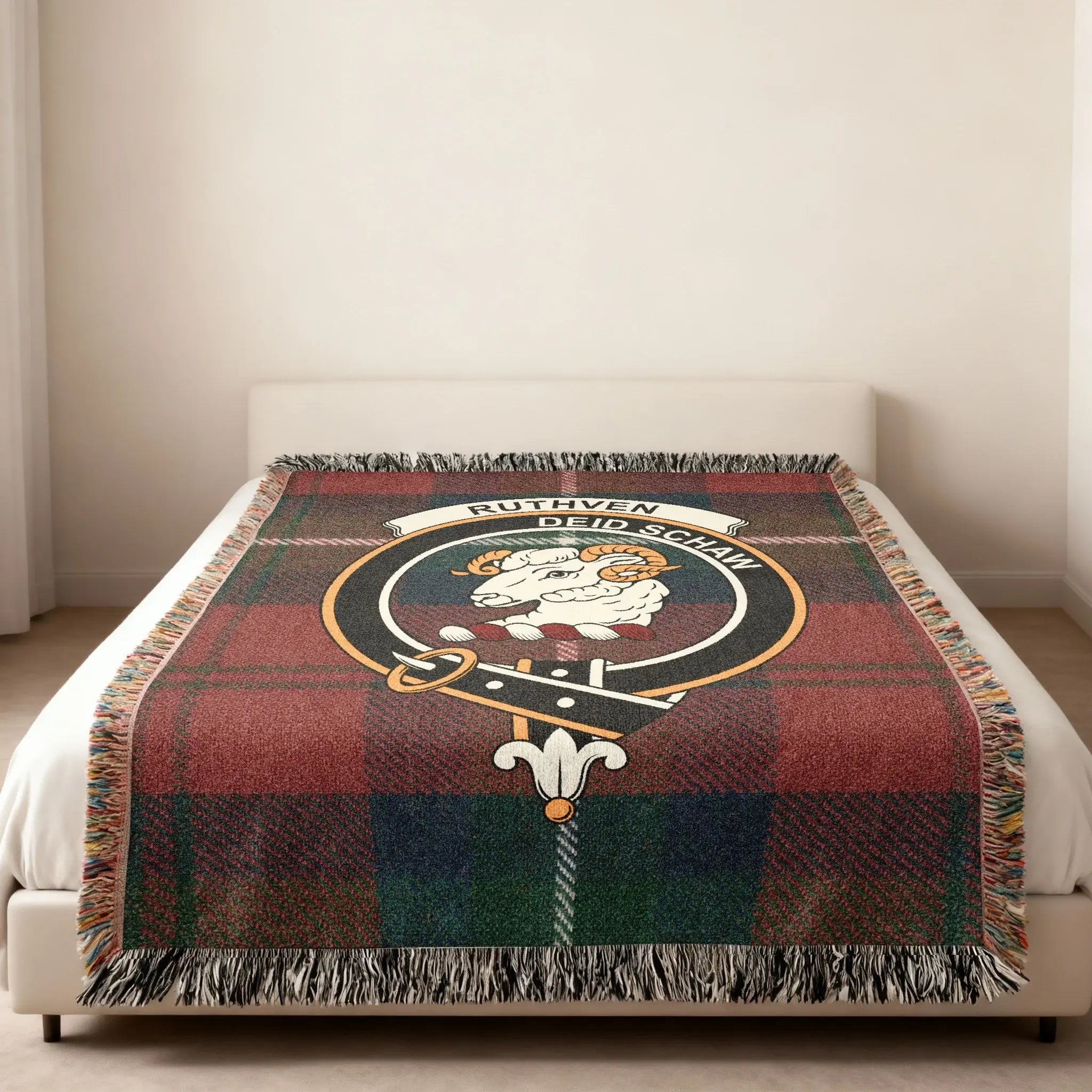 Ruthven deid schaw crest woven blanket — folded, showing tartan detail