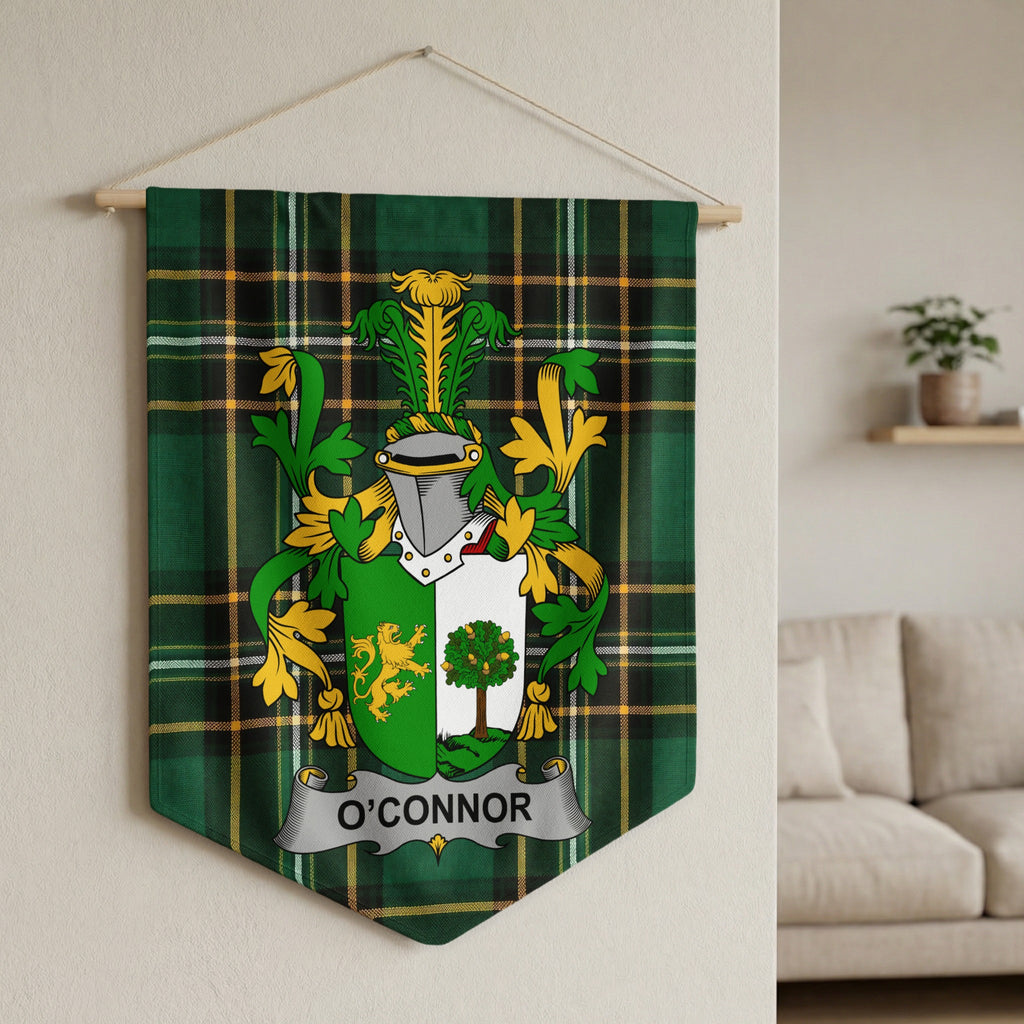 O'Connor family crest displayed on a green tartan plaid banner.