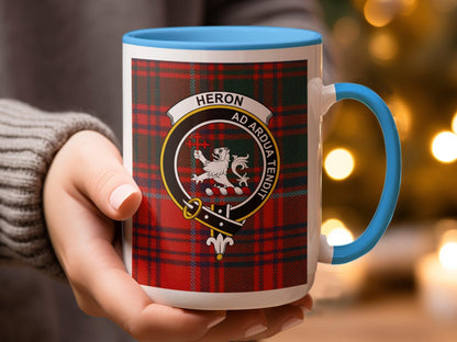 Scottish Clan Heron Crest Badge on Tartan Plaid Mug - Living Stone Gifts