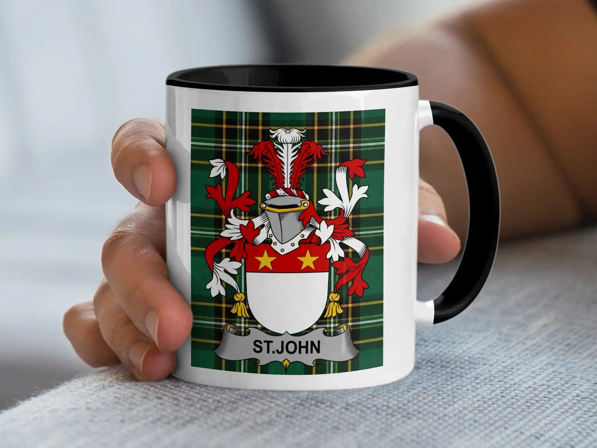 St. John Irish family crest black accent mug on Irish National Tartan