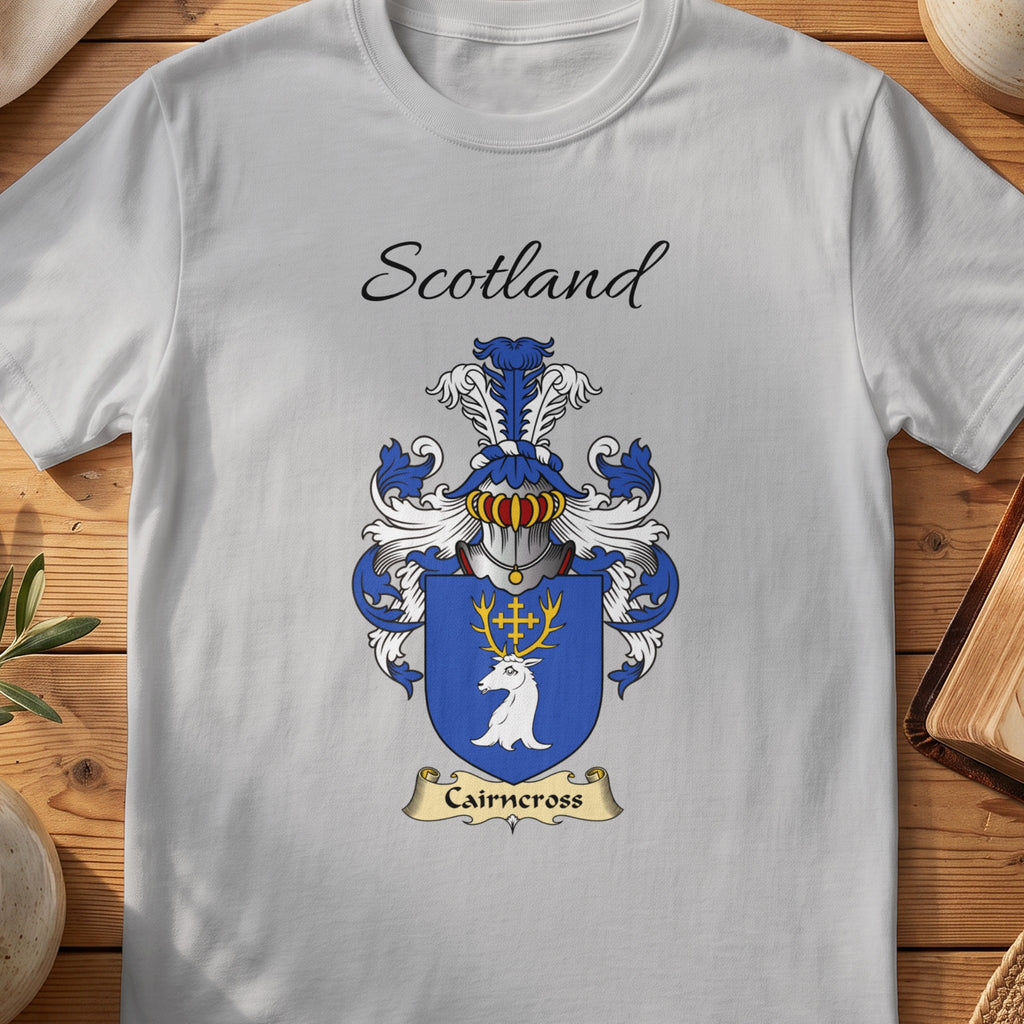 Sport Grey Cairncross Scottish family shield T-shirt featuring a white stag head with gold antlers on blue