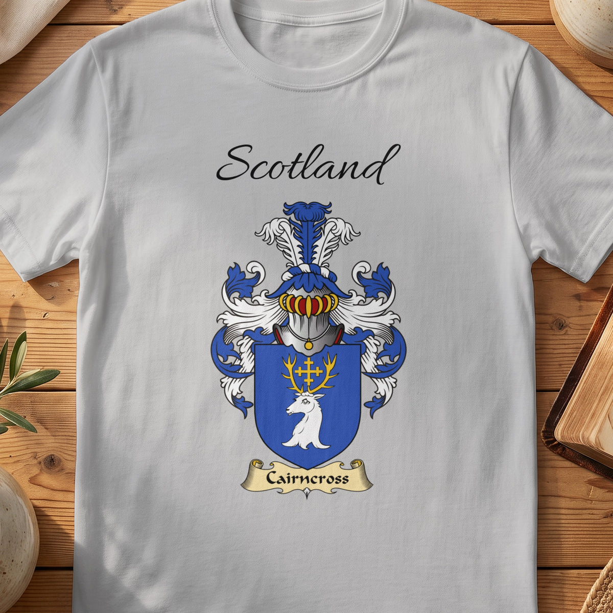 Sport Grey Cairncross Scottish family shield T-shirt featuring a white stag head with gold antlers on blue