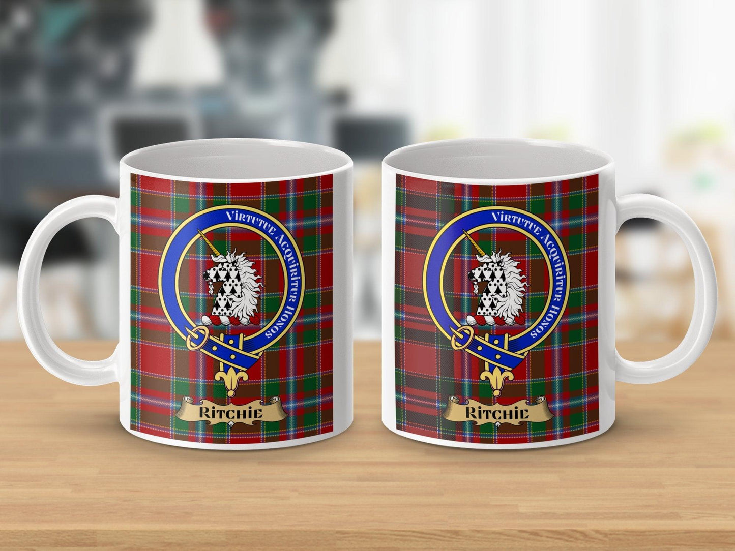 Ritchie Clan Crest on Traditional Scottish Tartan Mug - Living Stone Gifts