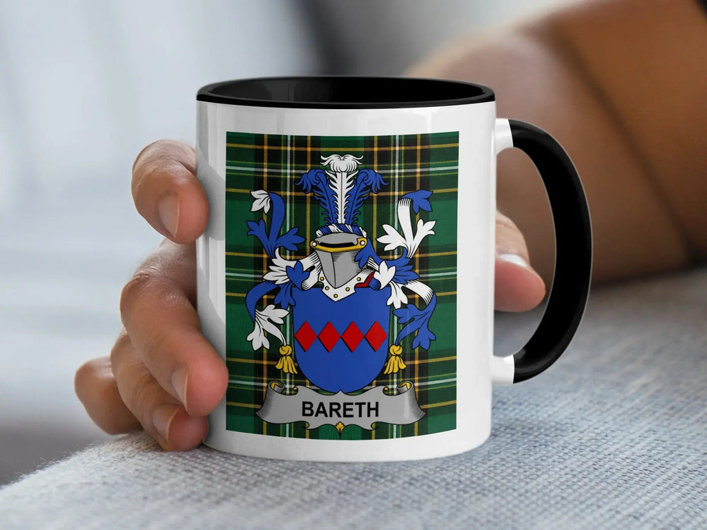 Bareth Irish surname accent mug with family crest and black handle on Irish National Tartan