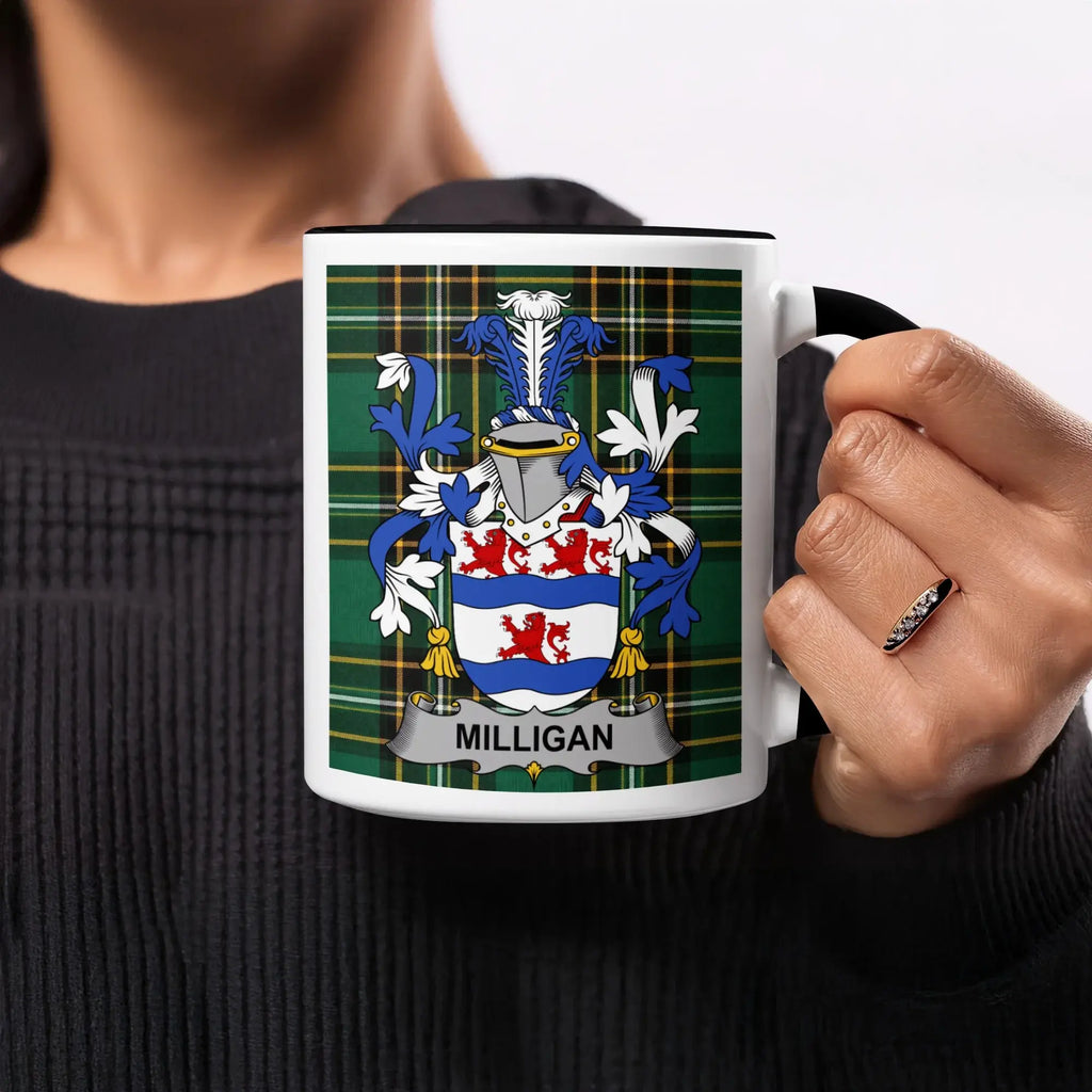 Milligan Irish heritage mug with black handle and interior