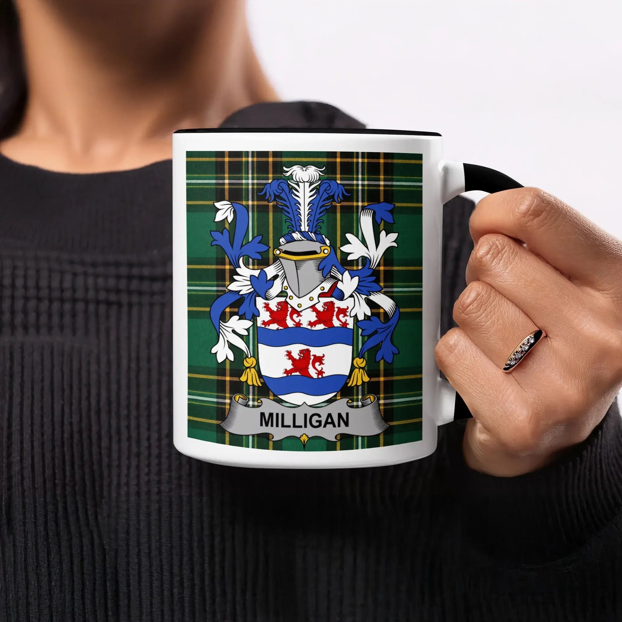 Milligan Irish heritage mug with black handle and interior