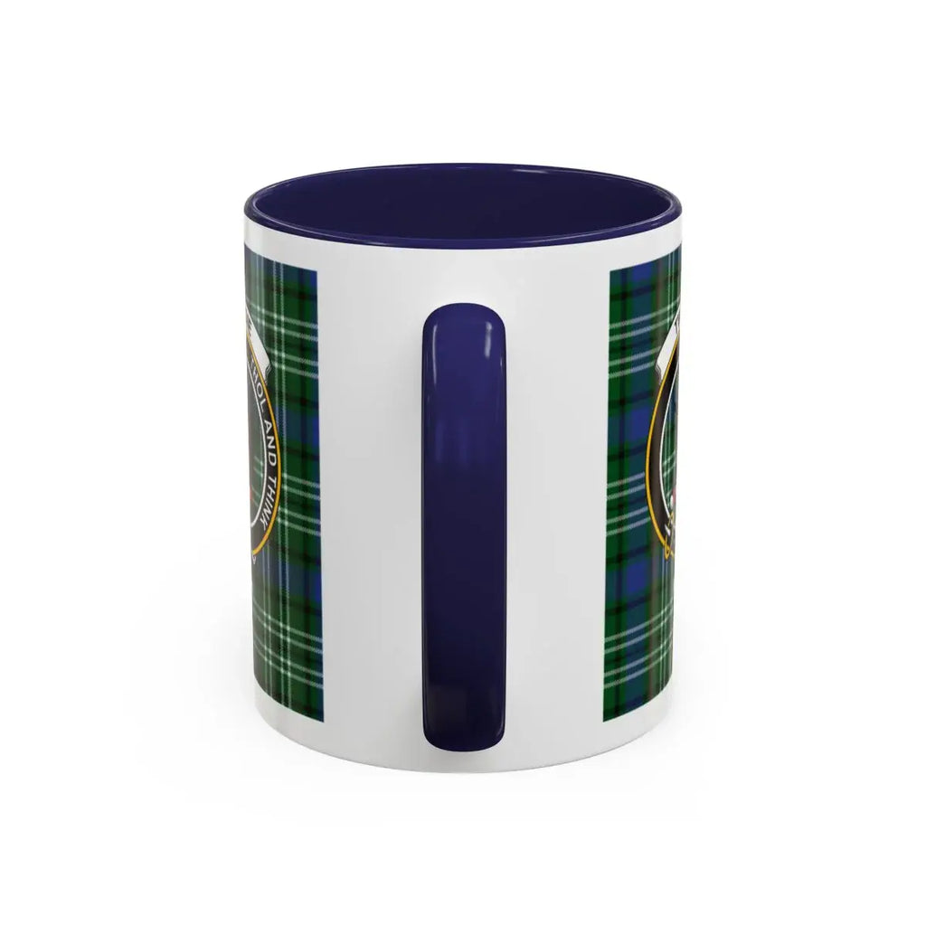 Stylish Blue Handle Plaid Mug with Unique Crest Design