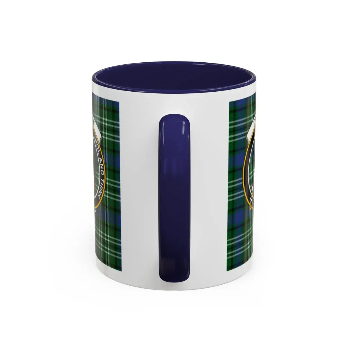 Stylish Blue Handle Plaid Mug with Unique Crest Design