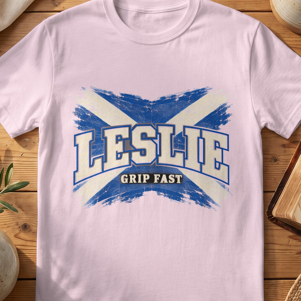 Leslie Scottish Saltire T-shirt in Light Pink, with distressed blue and cream flag and “Grip Fast” lettering.