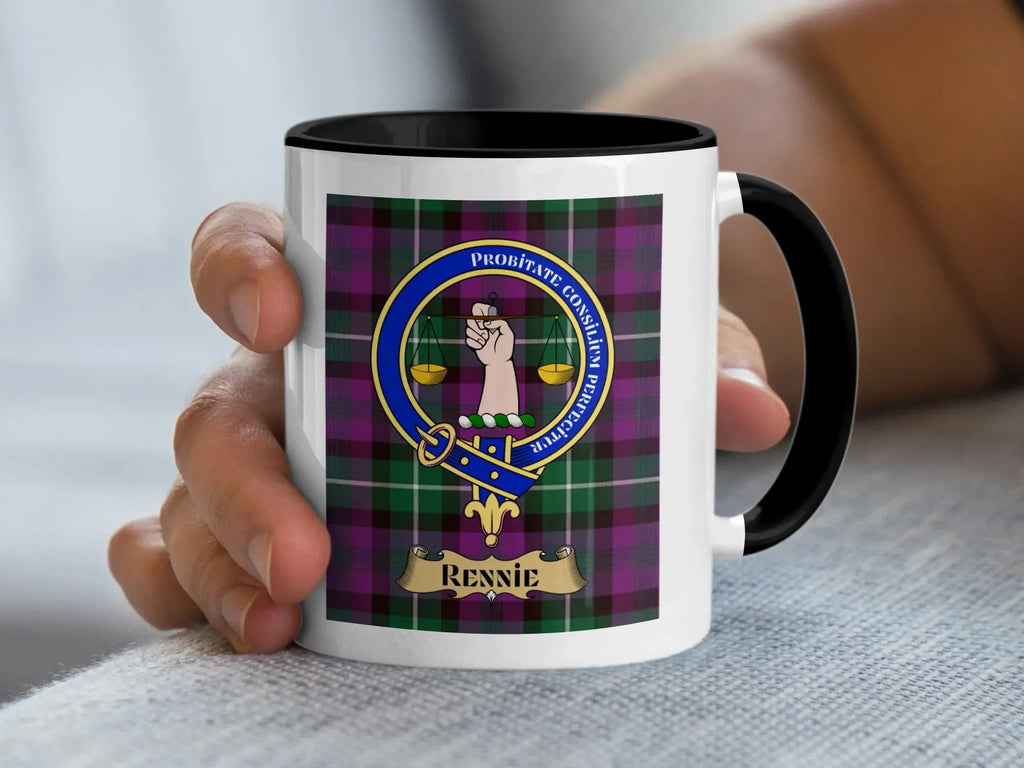 Rennie Family Crest Design Tartan Background Mug
