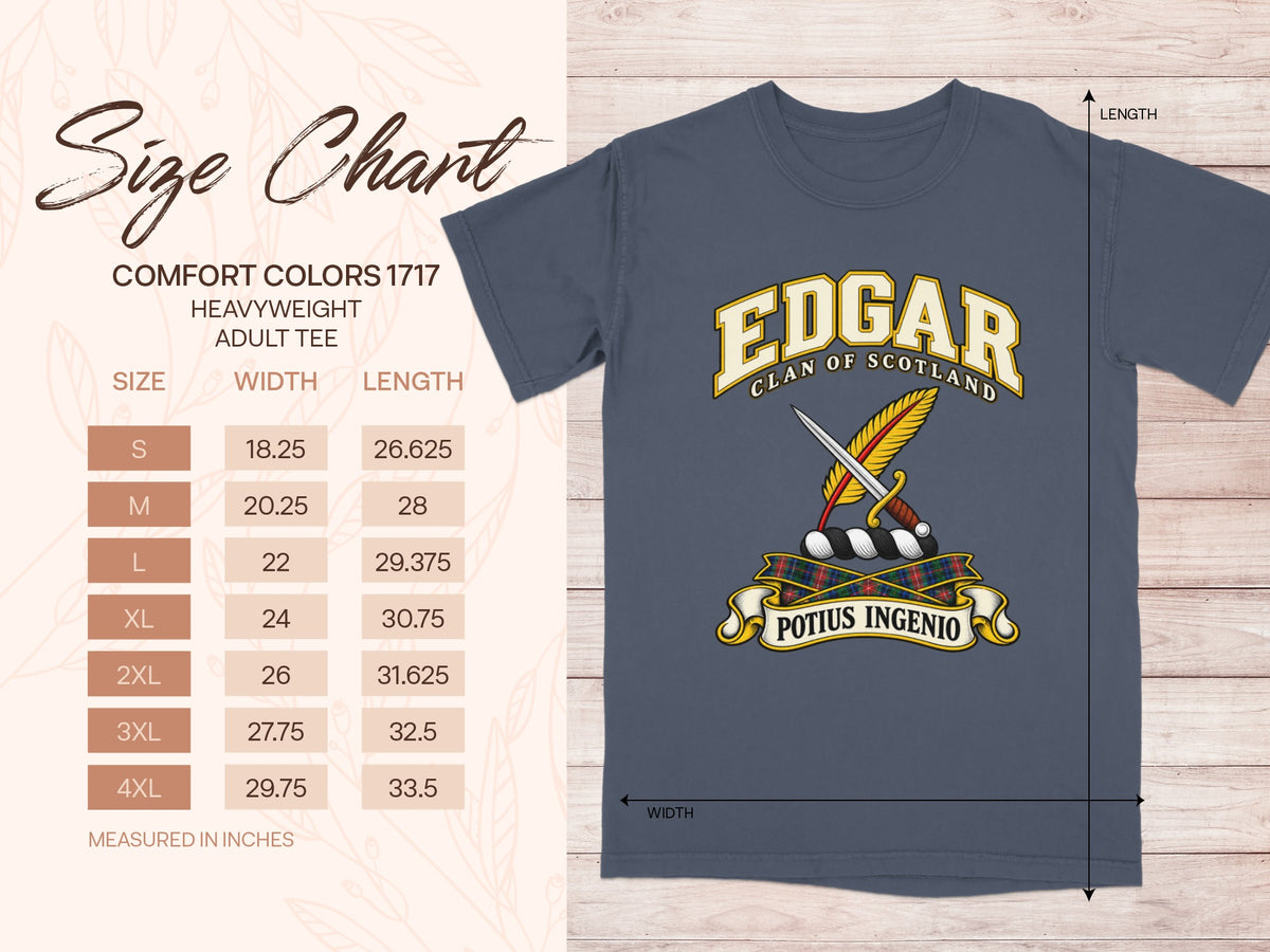 Comfort Colors 1717 size chart for the Edgar Scottish clan T-shirt, adult sizes S–4XL.