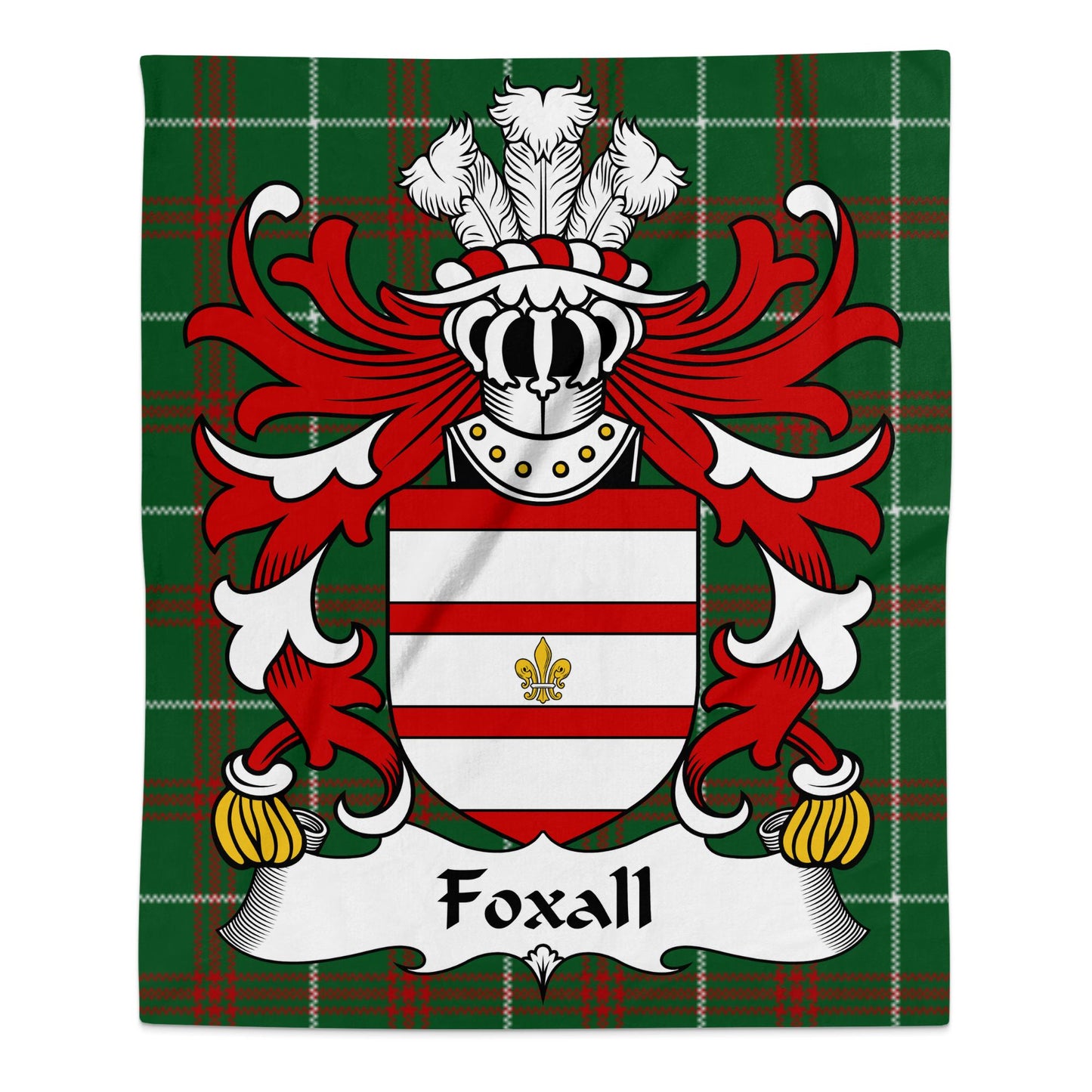 Foxall Coat of Arms on Welsh National Tartan Background Blanket - Living Stone Gifts