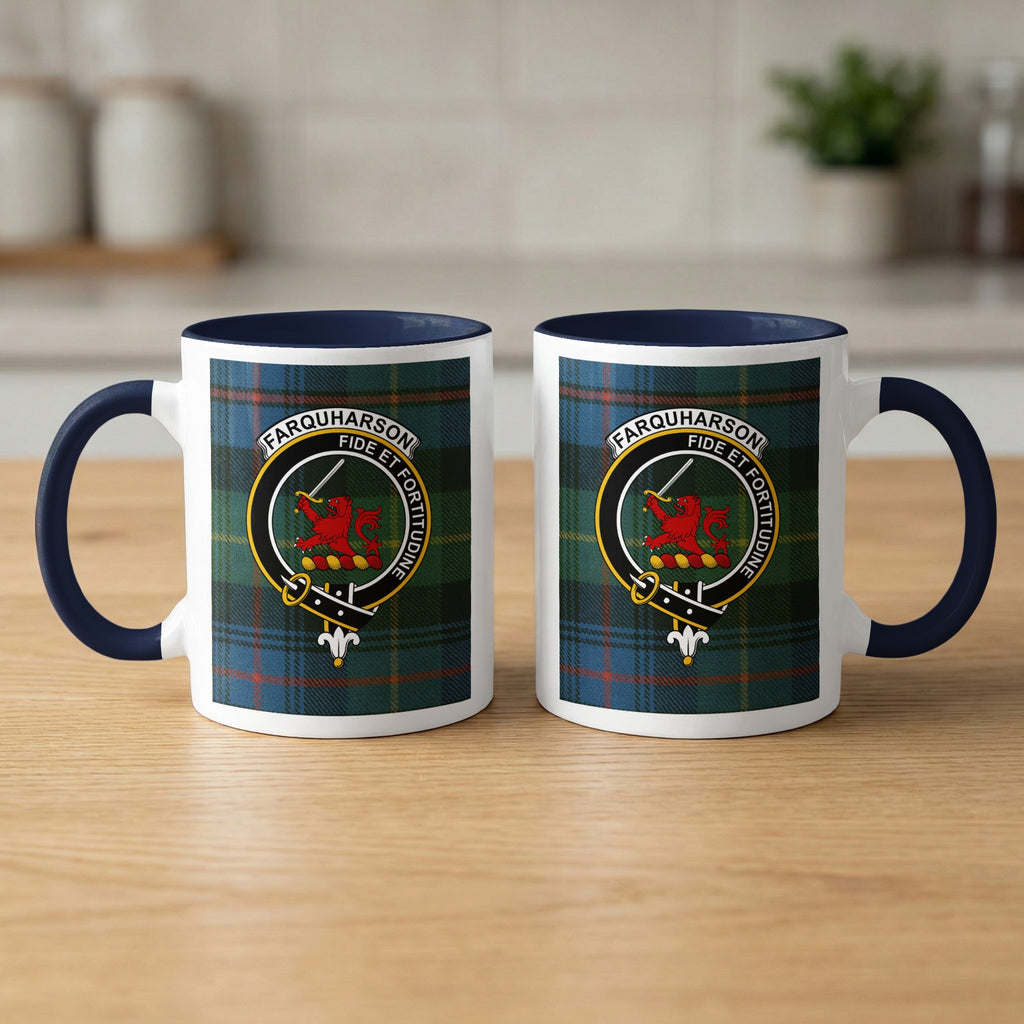 Pair of Farquharson Scottish clan crest 11 oz mugs with navy accents and a tartan background