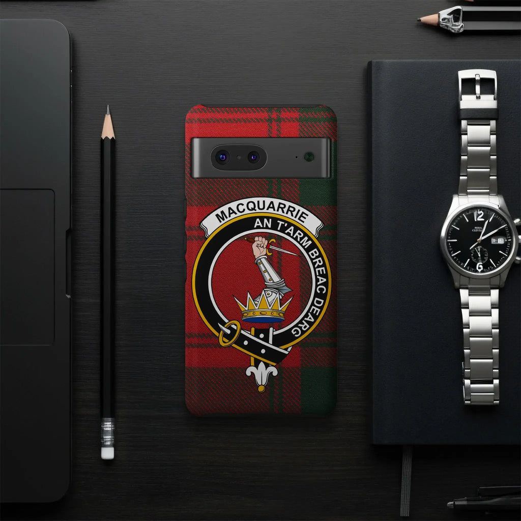 MacQuarrie An t-Arm Breac Dearg phone case — clan crest and red tartan 3D wrap on glossy case