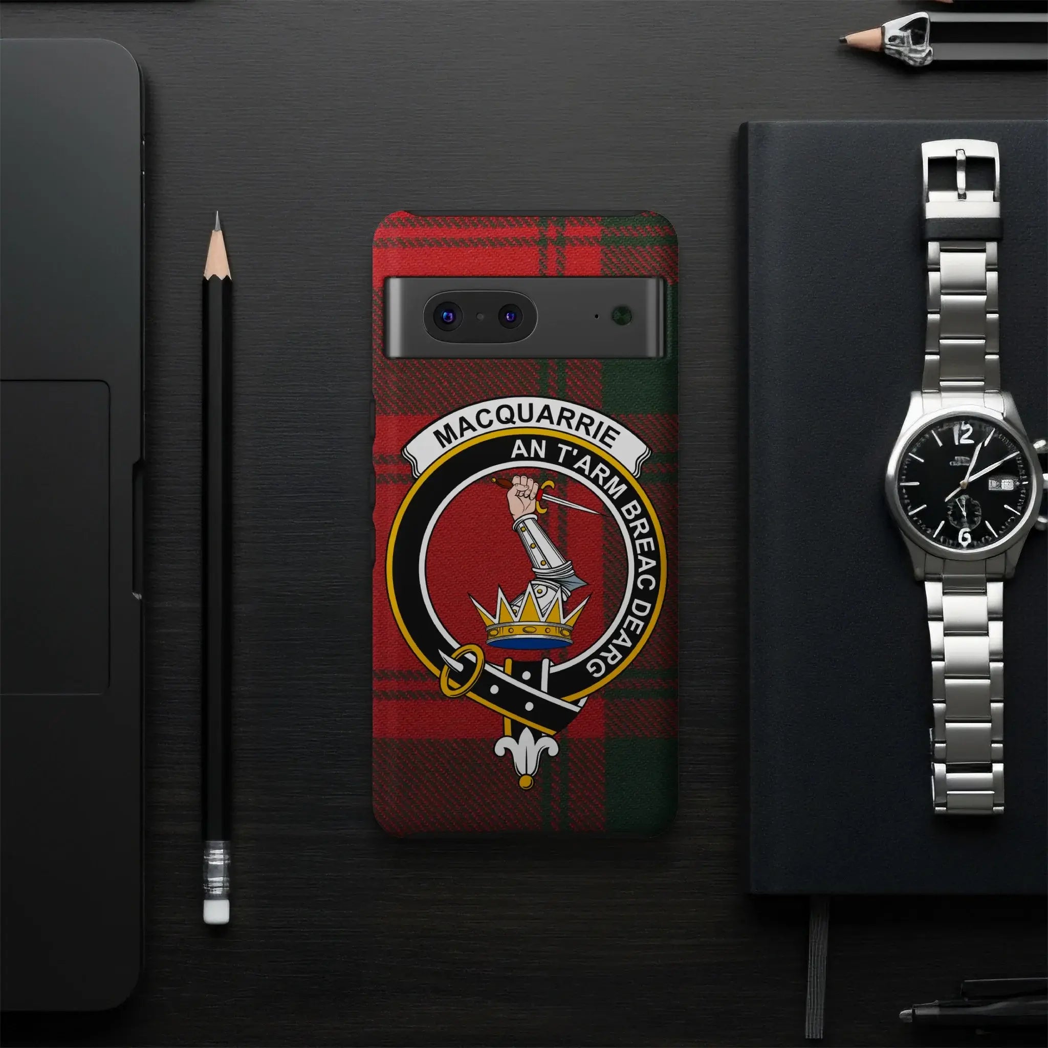 MacQuarrie An t-Arm Breac Dearg phone case — clan crest and red tartan 3D wrap on glossy case