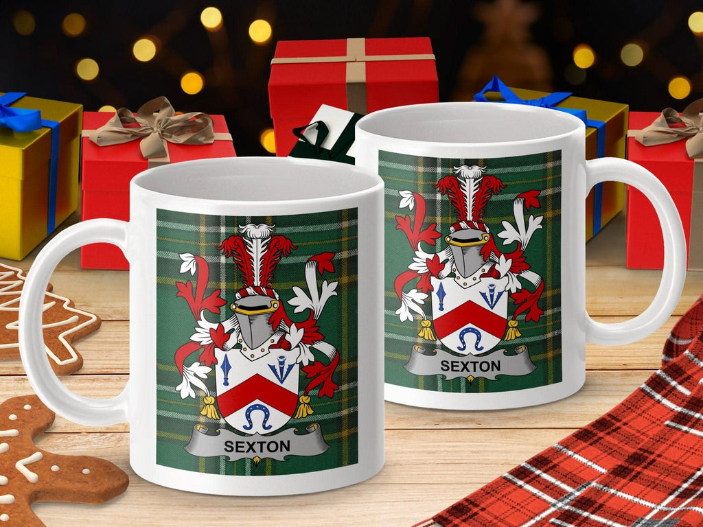 Sexton Surname Family Crest Irish Tartan Mug - Celtic Ancestry Gifts
