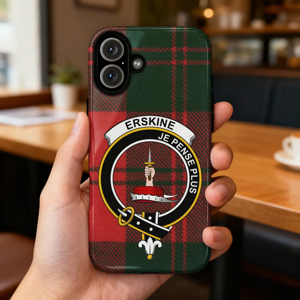 Clan Erskine tartan case on phone — slim glossy finish, crest detail visible, angled view
