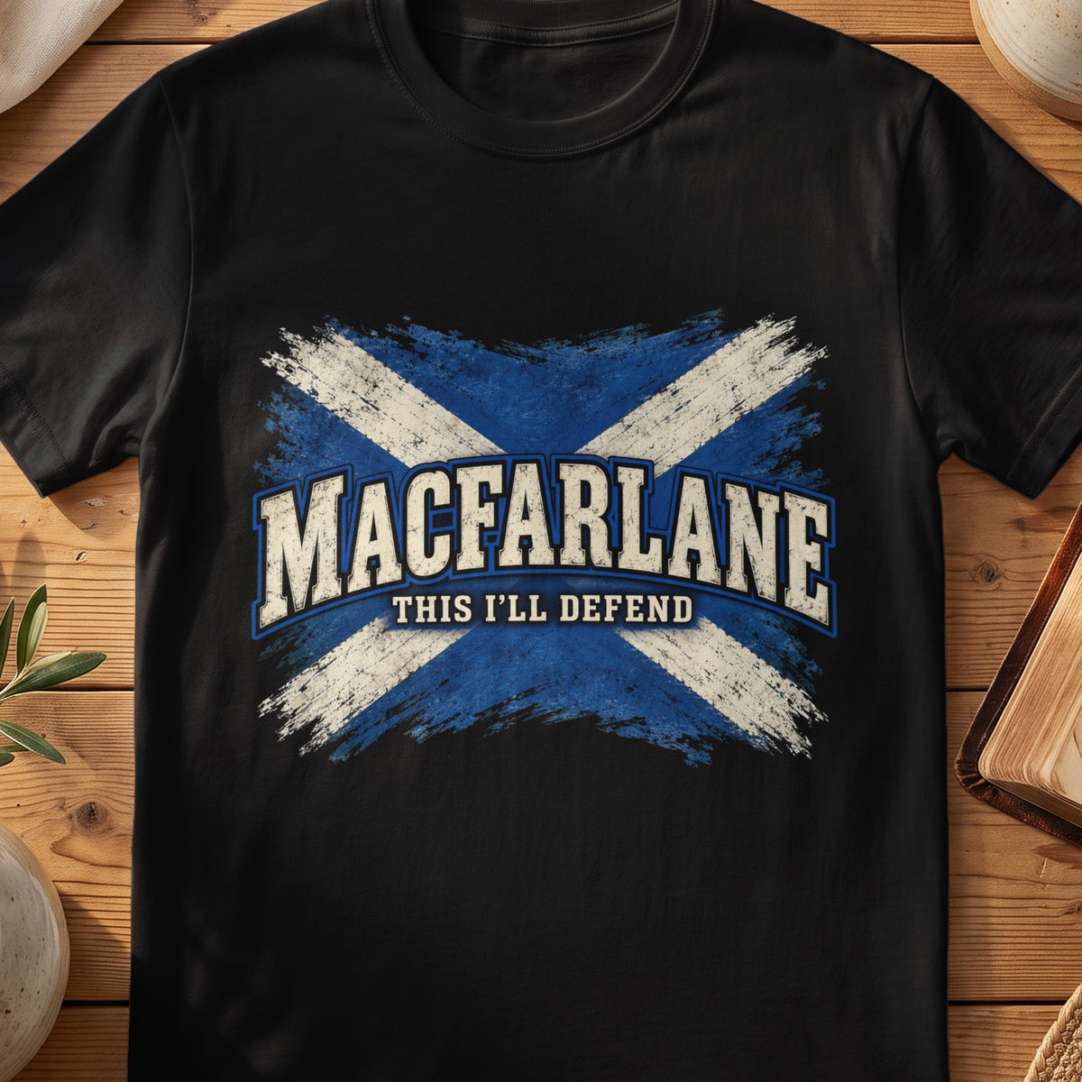 MacFarlane Scottish Saltire T-shirt in Black, with distressed blue and cream flag and “This I'll Defend” lettering.
