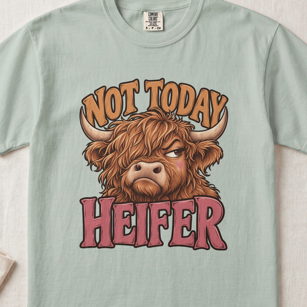 Not Today Heifer Highland cow design on a Bay Comfort Colors 1717 T-shirt, flat lay