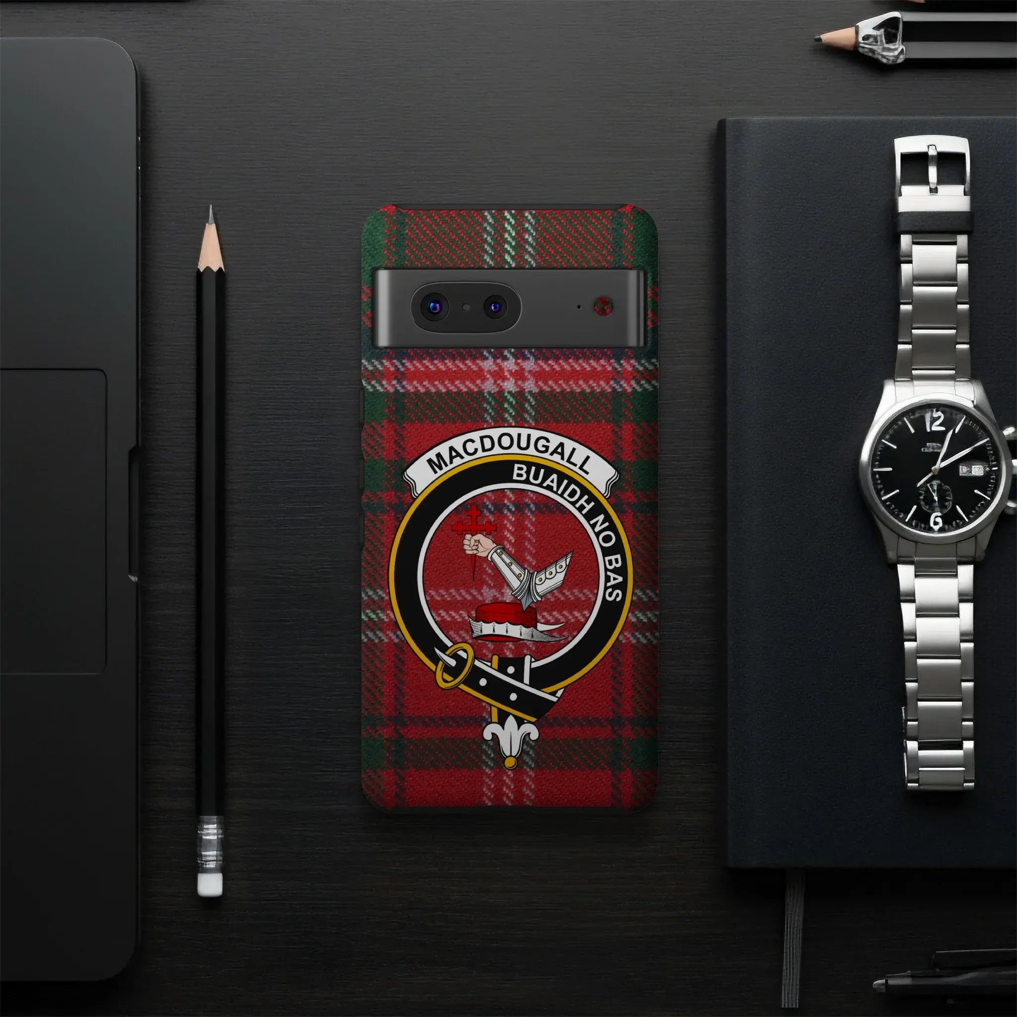 MacDougall crest tartan design phone case — full Victory or Death clan design visible