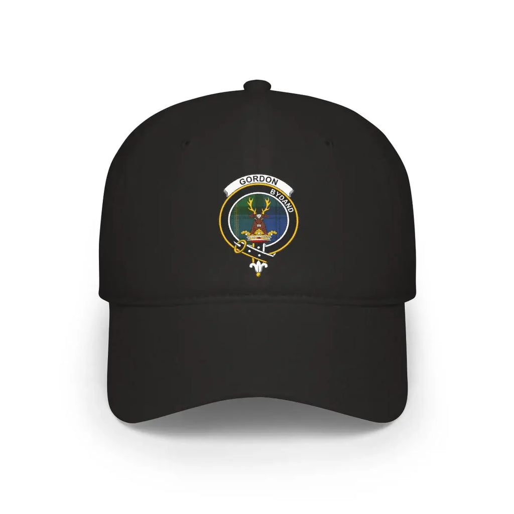 Clan Gordon tartan baseball cap in black with printed clan crest — Scottish heritage cotton cap