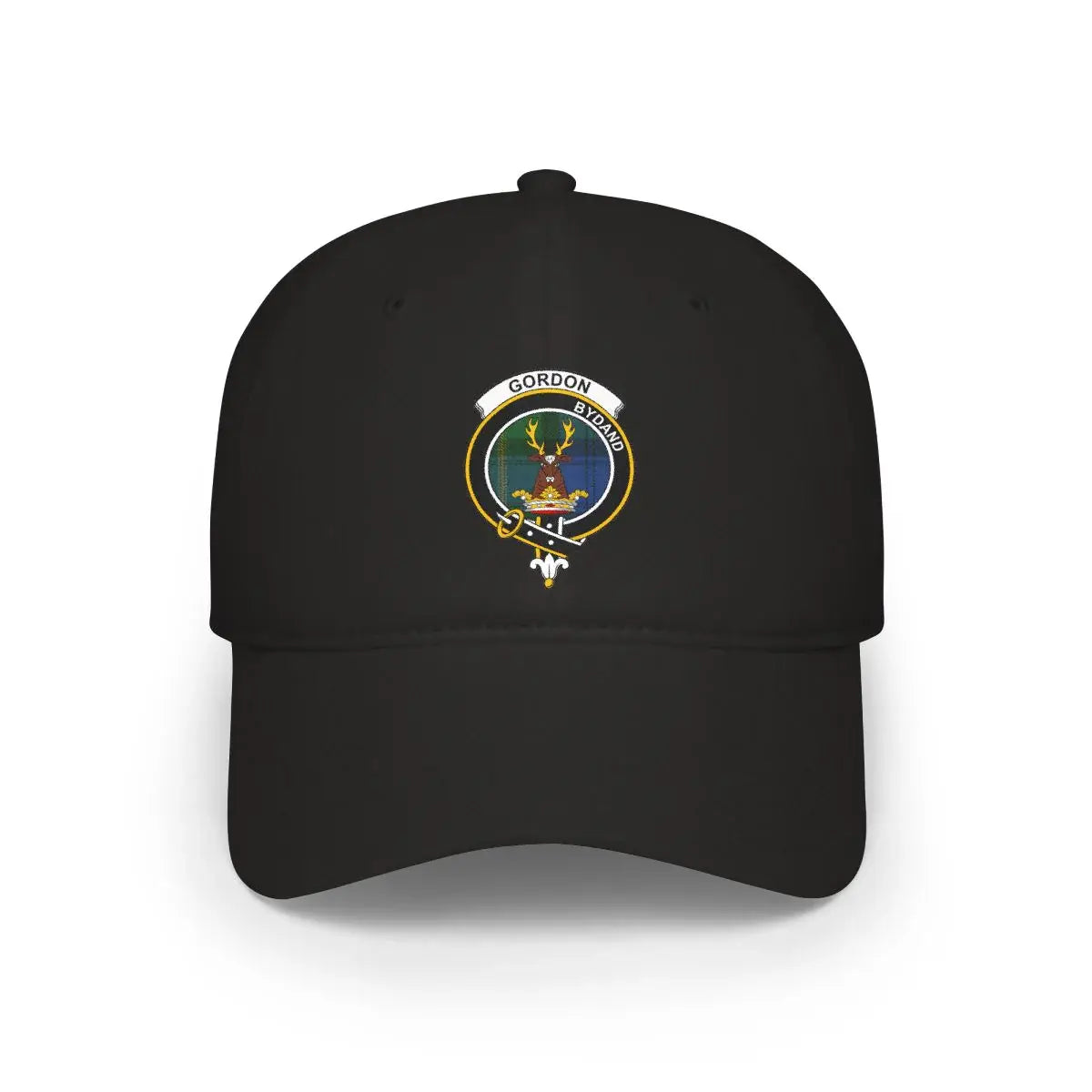 Clan Gordon tartan baseball cap in black with printed clan crest — Scottish heritage cotton cap