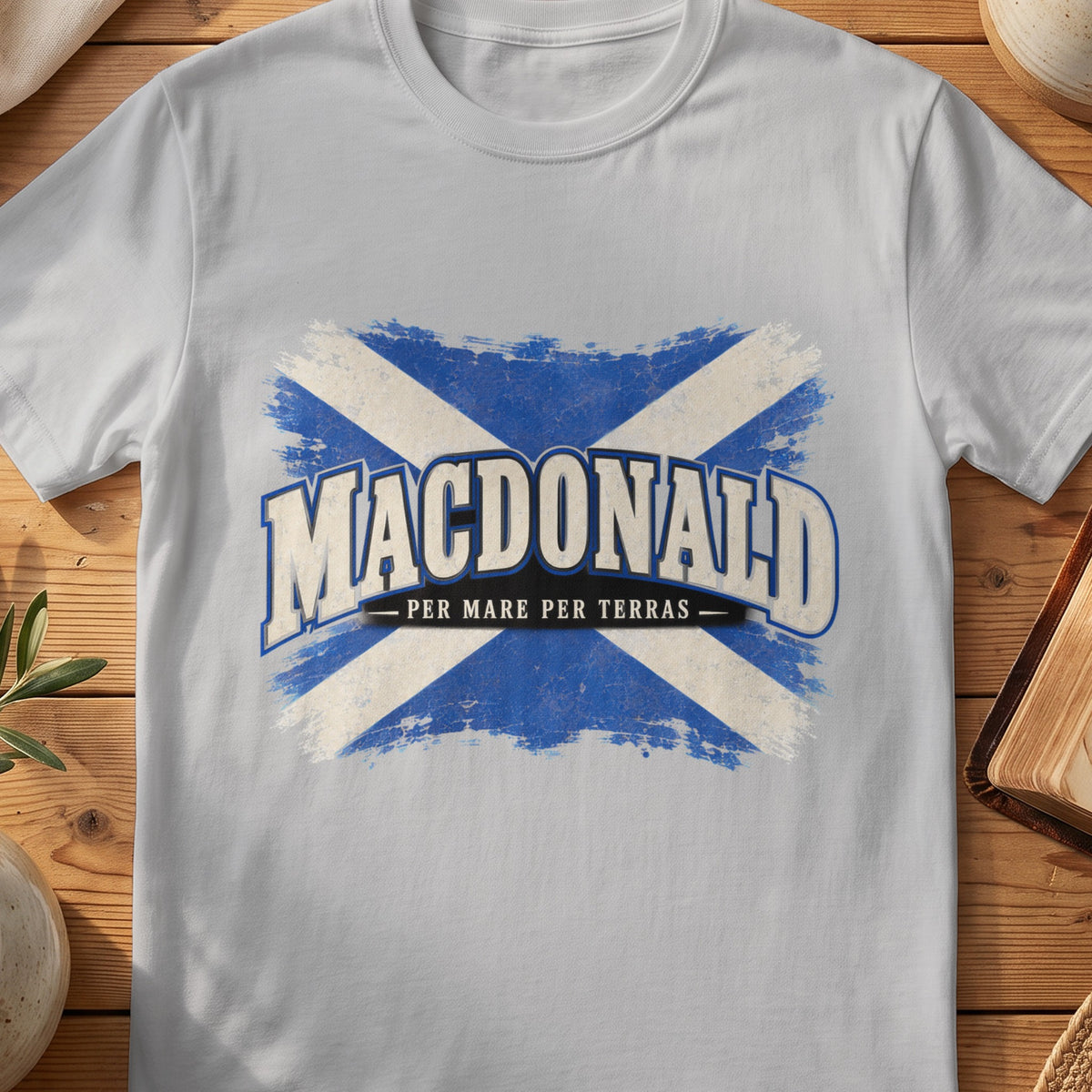 MacDonald Scottish Saltire T-shirt in Sport Grey, with distressed blue and cream flag and “Per Mare Per Terras” lettering.