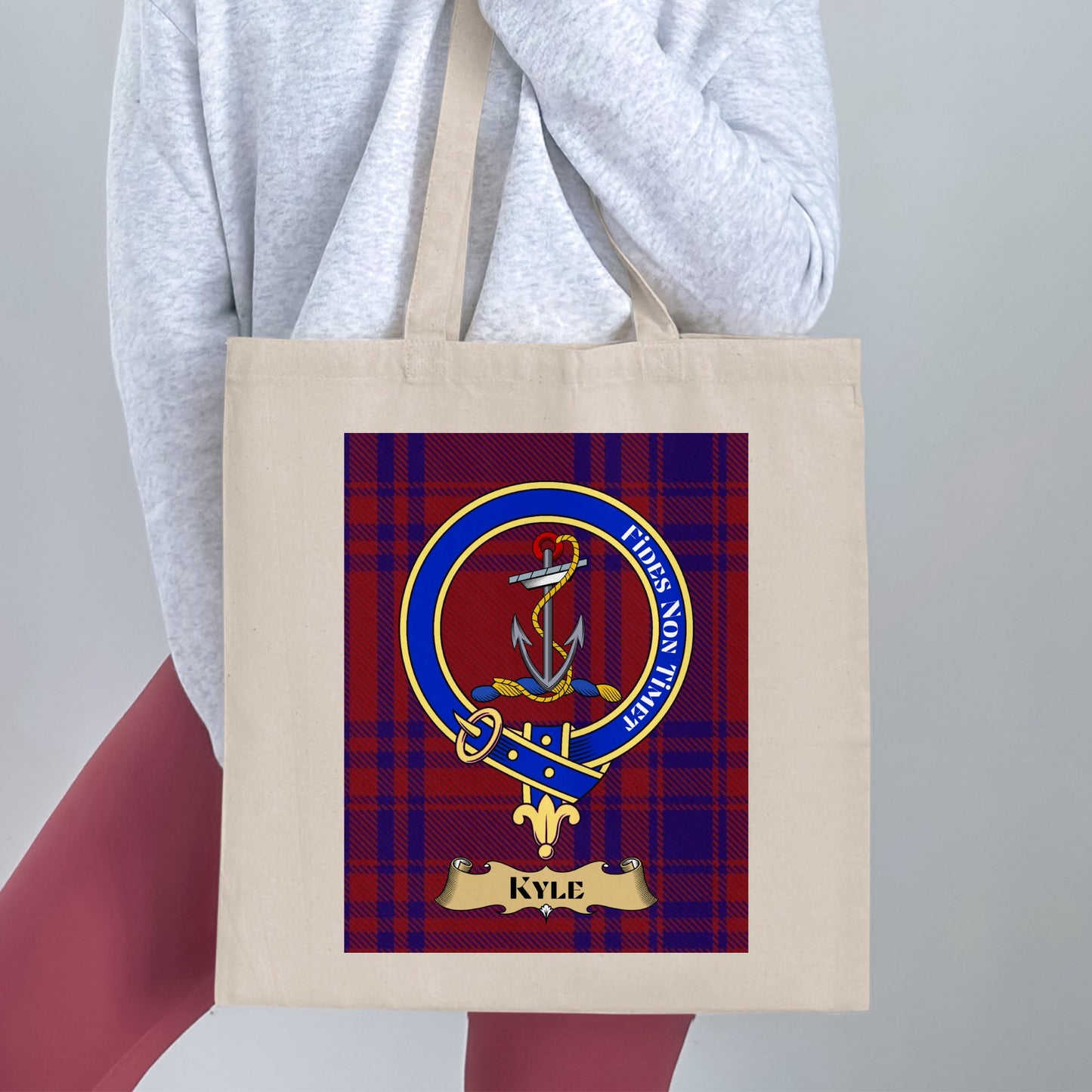 Kyle Scottish Clan Crest on Tartan Background Tote Bag - Living Stone Gifts