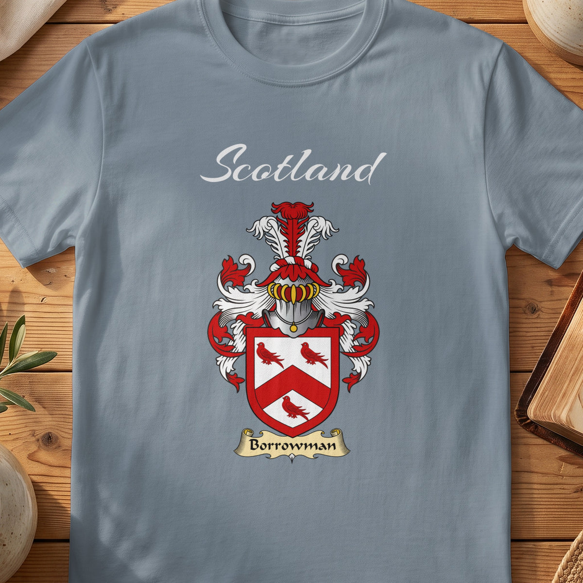 Borrowman Scottish family shield T-shirt in Stone Blue