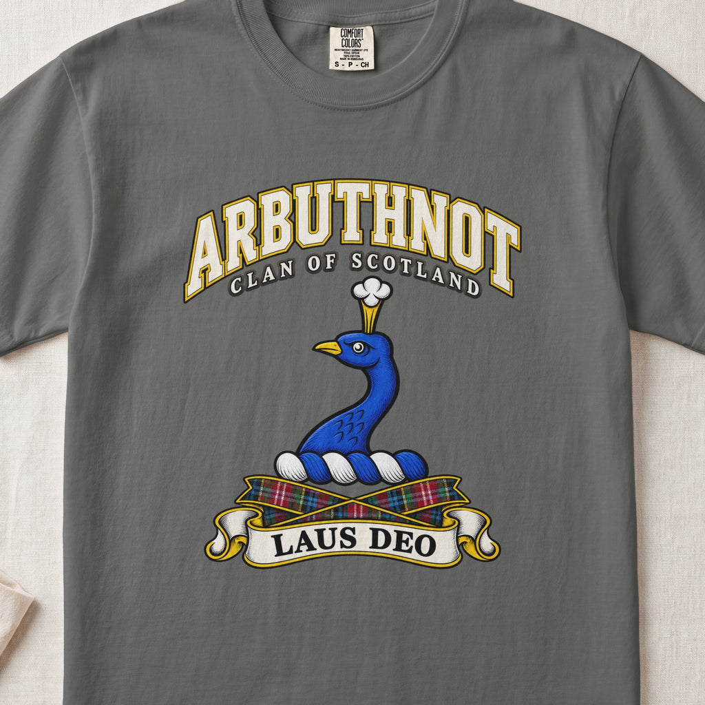 Arbuthnot Scottish clan T-shirt in Pepper, front view with a blue peacock head and neck and motto design.