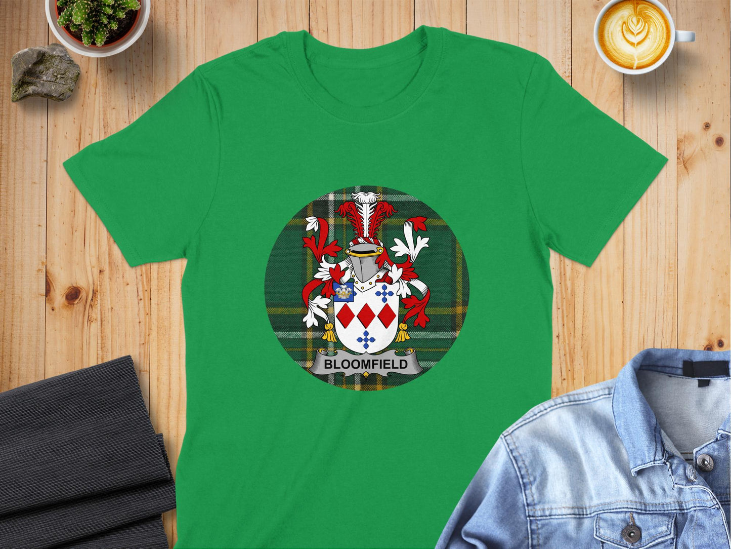 Bloomfield Family Crest Tartan Background T-Shirt - Living Stone Gifts