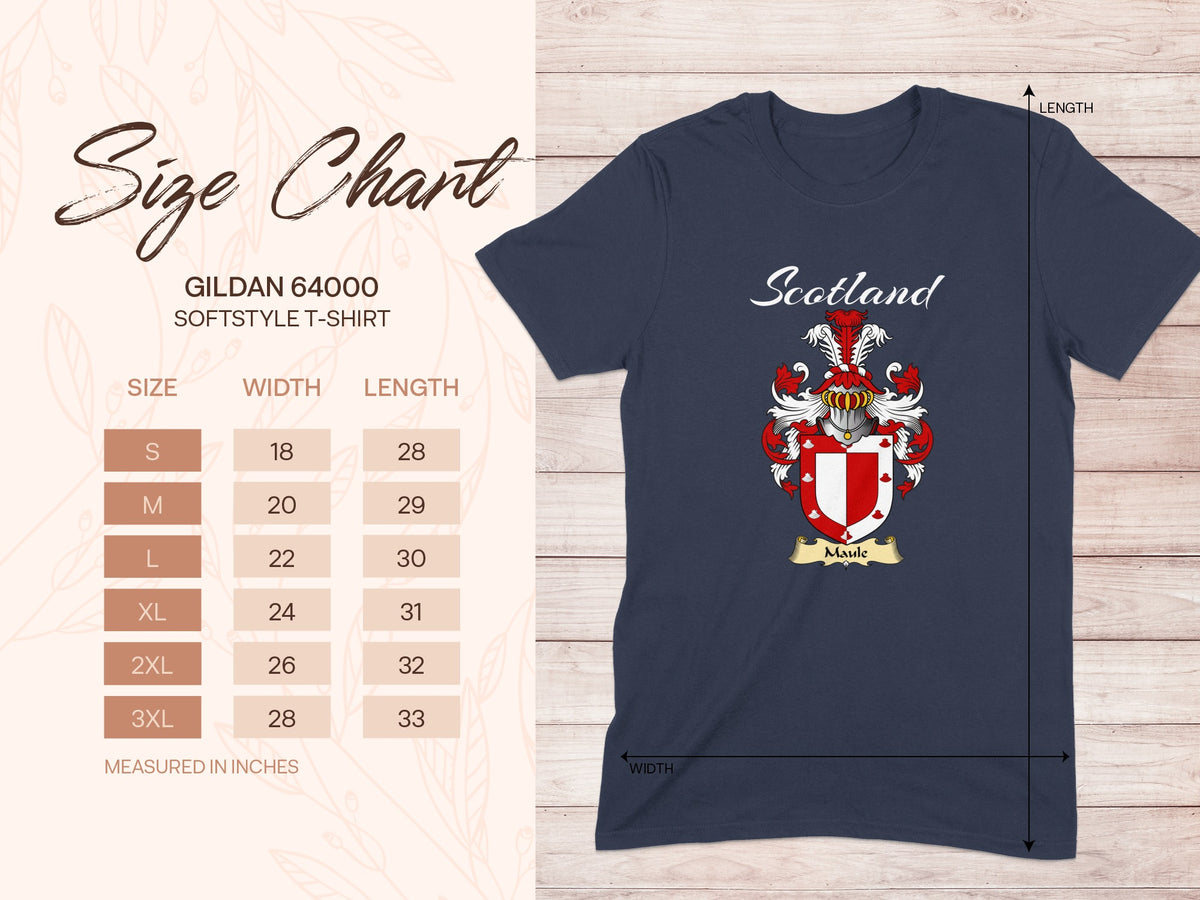Gildan 64000 size chart for the Maule unisex T-shirt, sizes S to 3XL