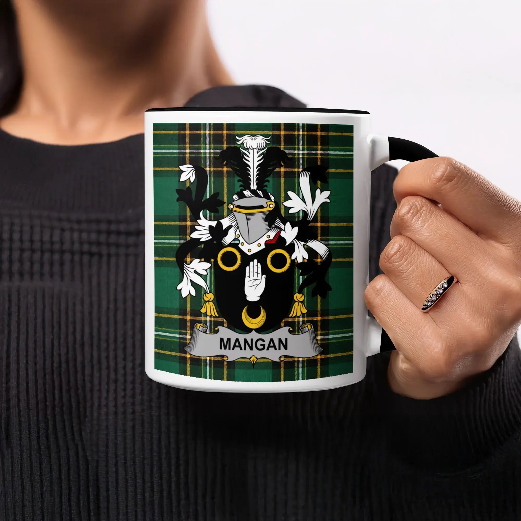 Mangan Irish heritage mug with black handle and interior