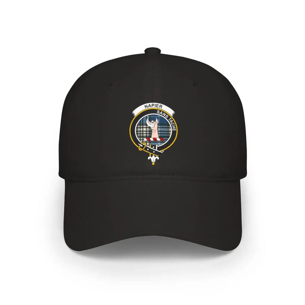Clan Napier crest tartan cap in black — low-profile cotton Scottish clan hat