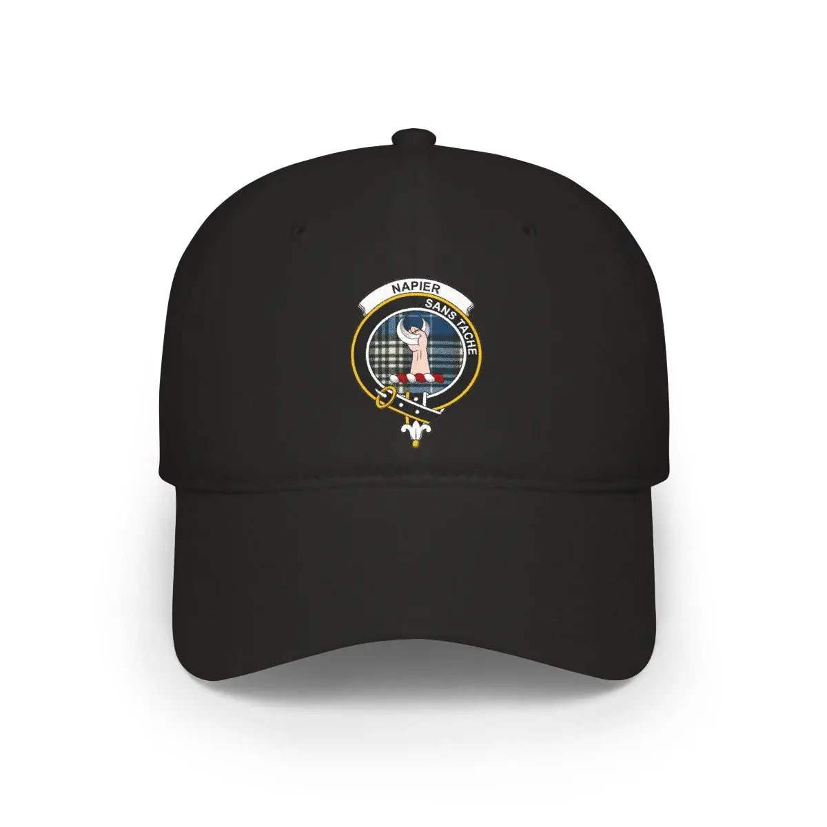 Clan Napier crest tartan cap in black — low-profile cotton Scottish clan hat