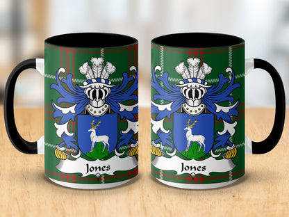 Jones Family Crest on Tartan Background Mug - Living Stone Gifts