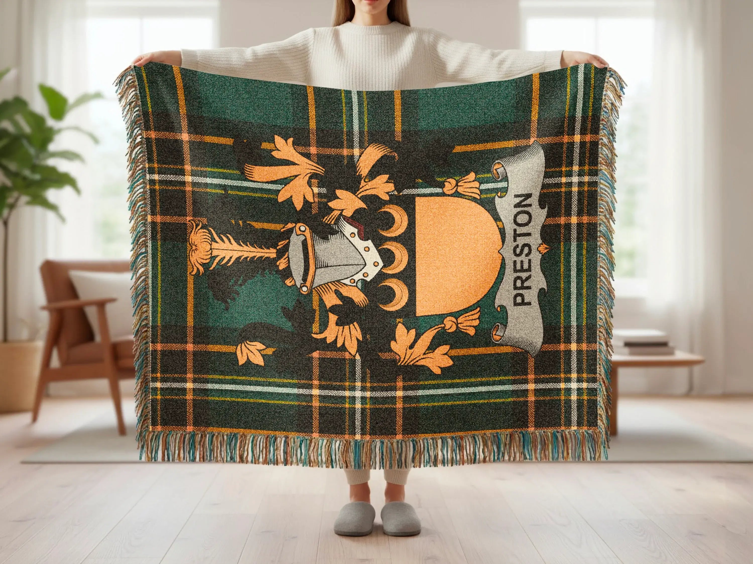 Green tartan blanket with gold crest and "PRESTON" text.