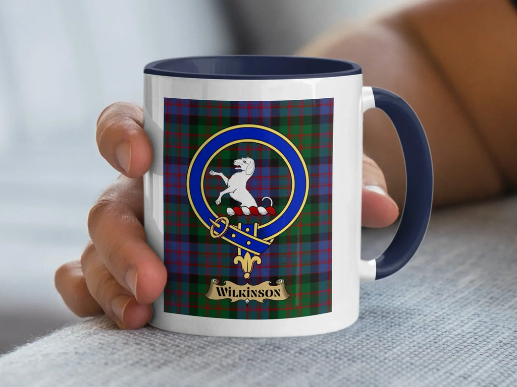 Wilkinson family crest coffee mug with a tartan-background design