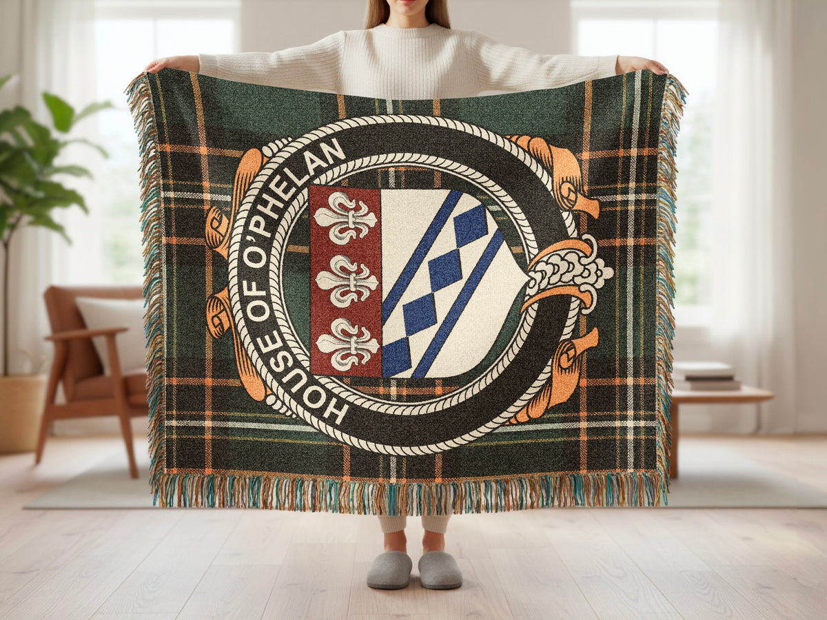 O'Phelan surname blanket showing Irish National Tartan woven design