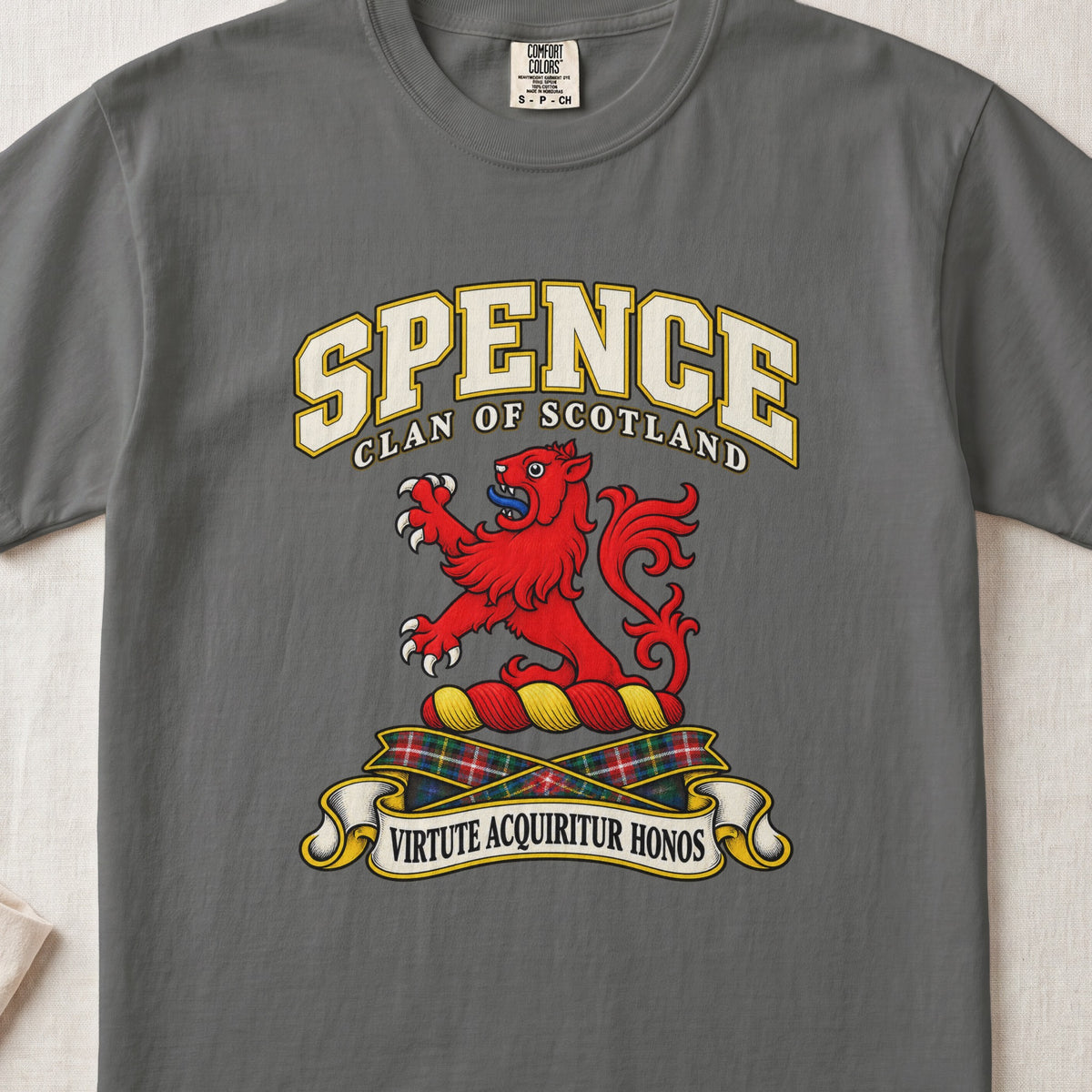 Spence Scottish clan T-shirt in Pepper, front view with a red lion with raised forelegs and motto banner.