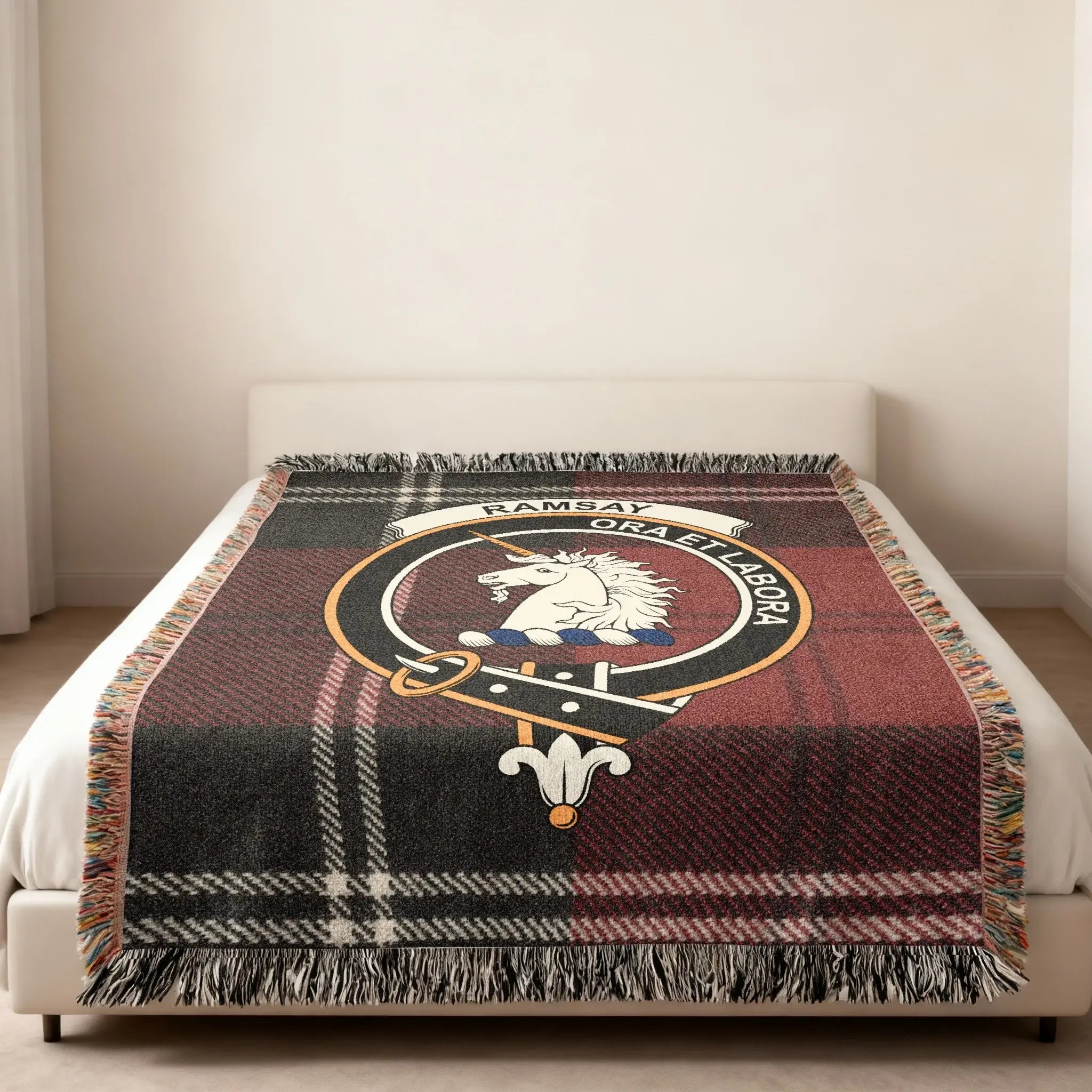 Clan Ramsay woven blanket — full view, ora et labora crest, 80x60 size