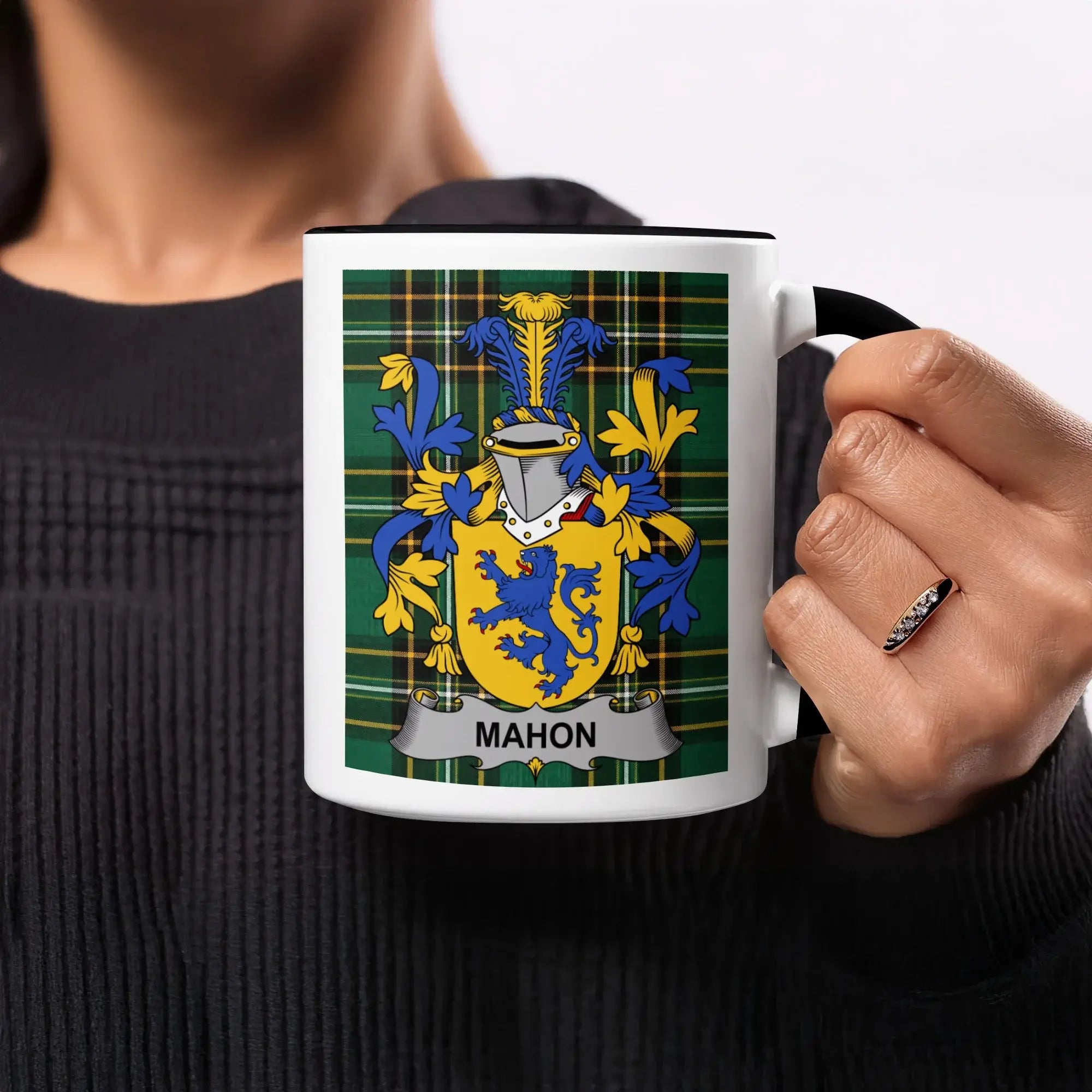 Mahon Irish heritage mug with black handle and interior