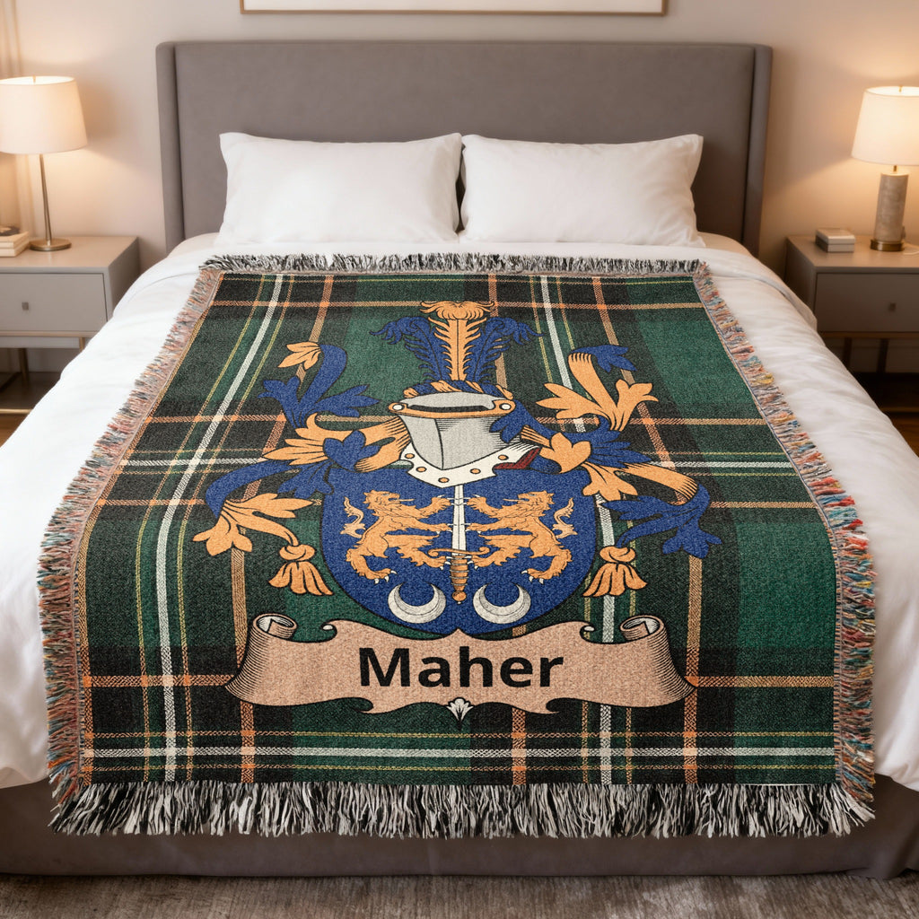 Maher Irish heritage woven blanket with family crest emblem