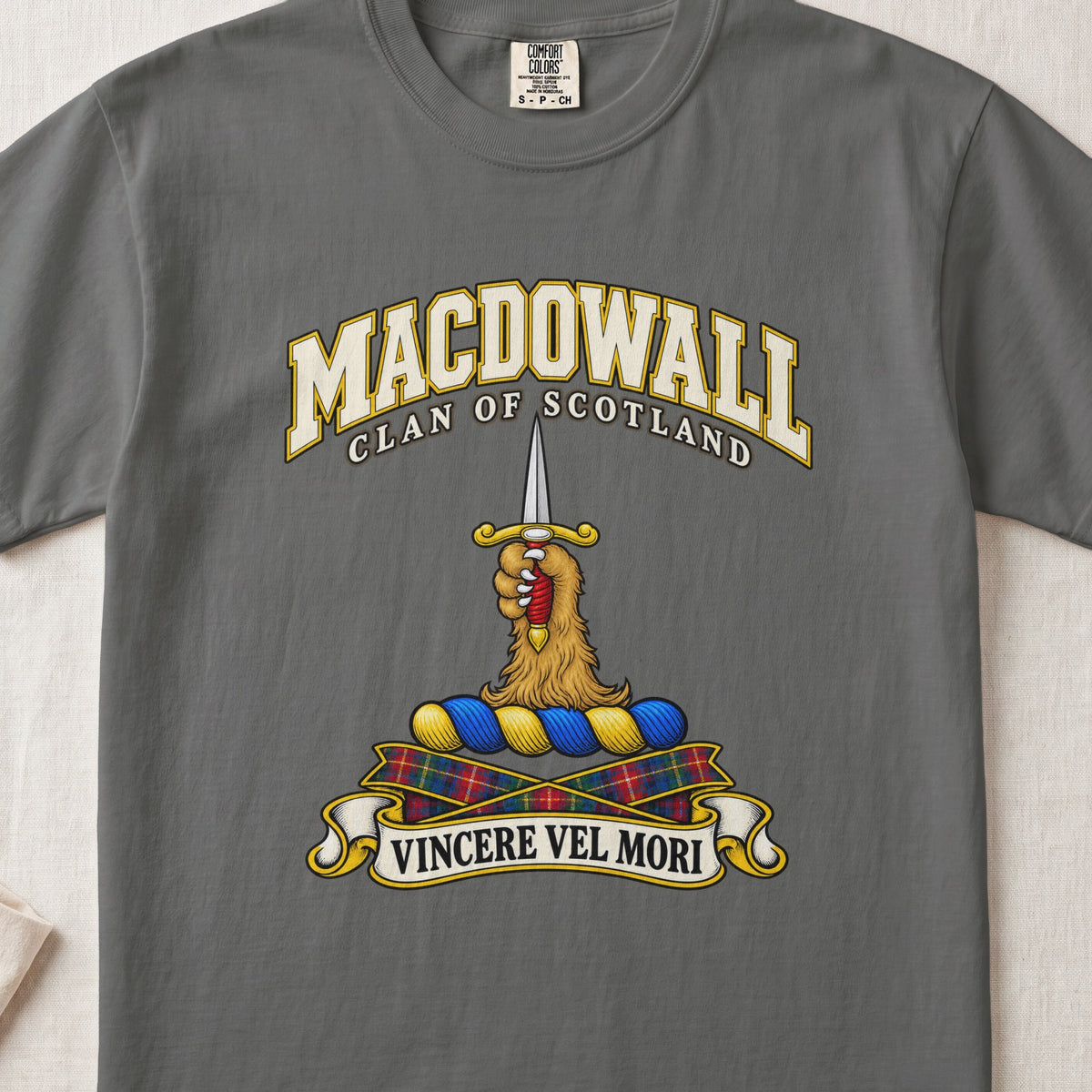MacDowall Scottish clan T-shirt in Pepper, front view with a golden paw holding an upright dagger and motto banner.