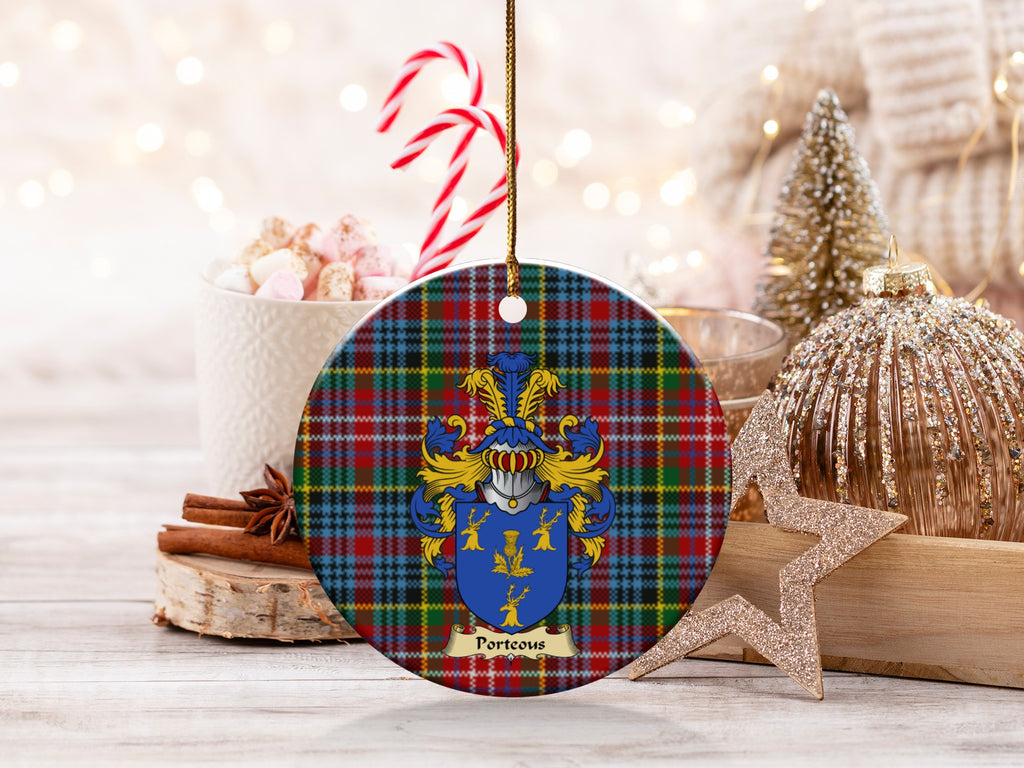 Double-sided Porteous ceramic ornament with family shield and Caledonia tartan background