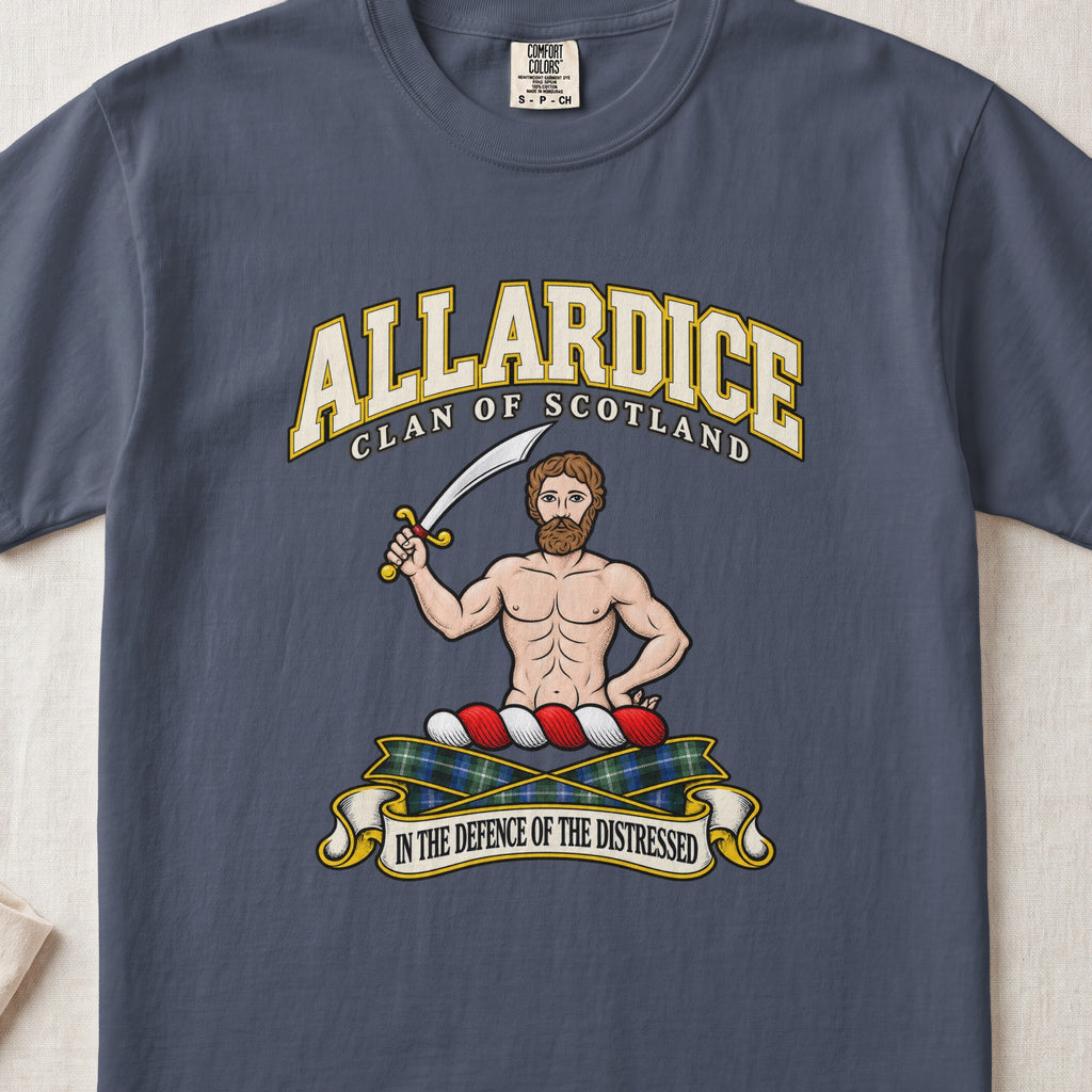 Allardice Scottish clan T-shirt in Midnight, front view with a bearded figure holding a curved sword and motto design.