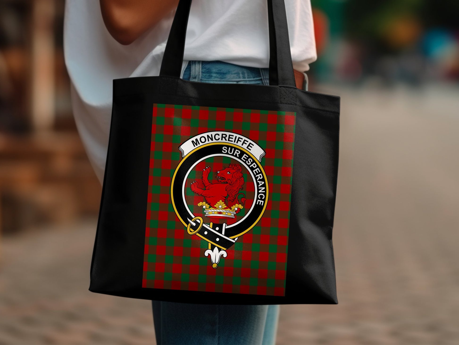 Moncreiffe Clan Crest on Tartan Background Tote Bag - Living Stone Gifts