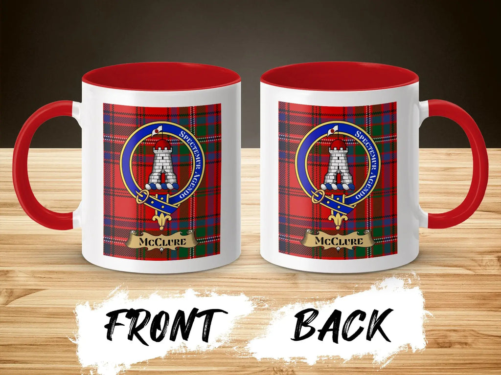 McClure tartan-background crest mug shown as a Scottish heritage gift